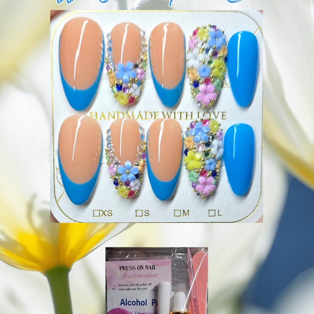 Blue and Nude Floral Press-On Nails